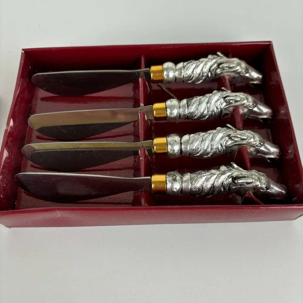 Vintage Horse Head Cheese Spreader Knives/Arthur Court Flatware Box-Set of 4